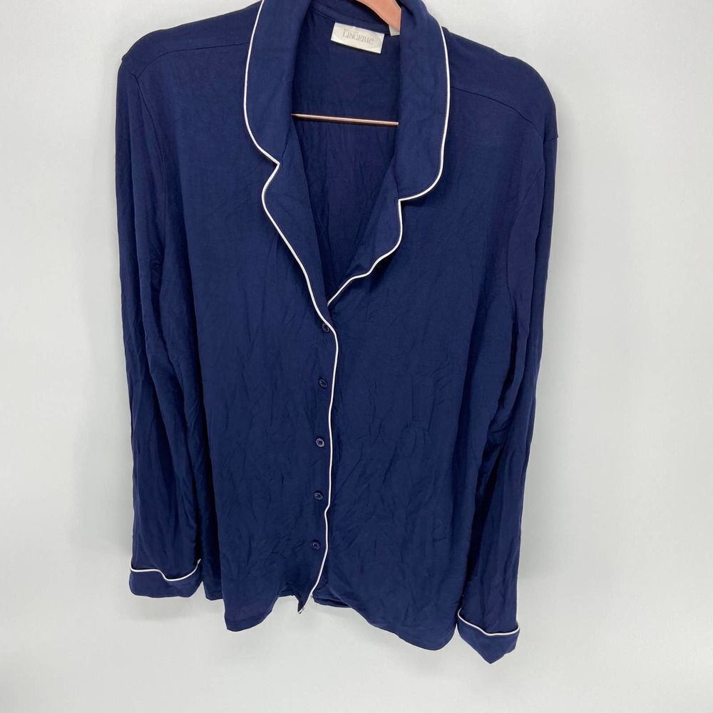 Nordstrom Navy White Piping Button Sleep Shirt